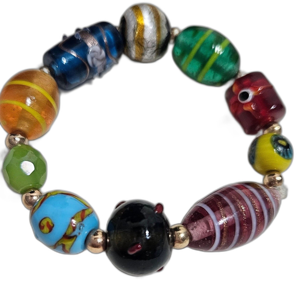 Large Glass Bead Bracelet 12mm+ Art Glass on stretch band Heavy Chunky Colorful